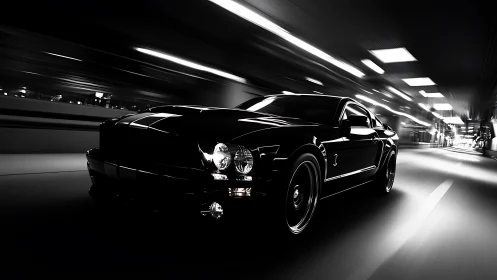 Sleek muscle car powers through a dramatic night tunnel