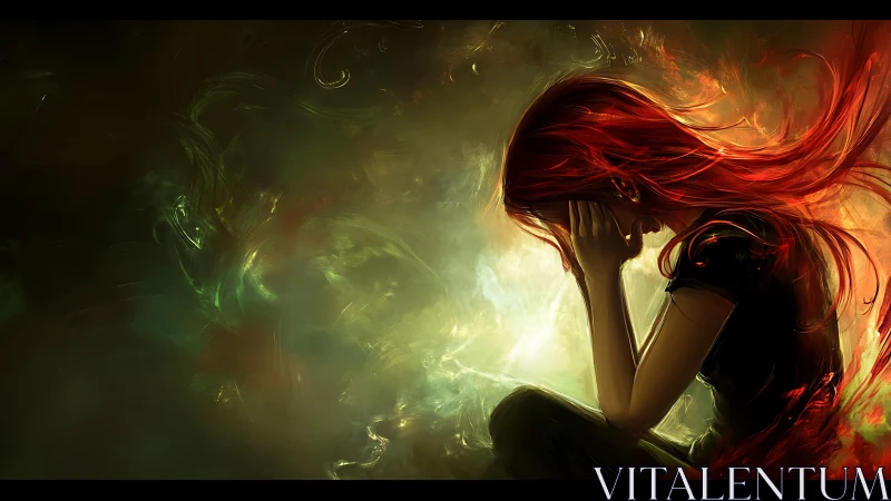 Backlit red-haired figure in crouched pose within swirling light field