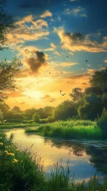 Sunlit river landscape with clouds, birds, and green banks.