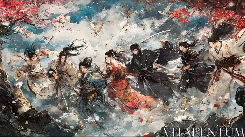 Warrior group in flowing robes crossing stormy sky.