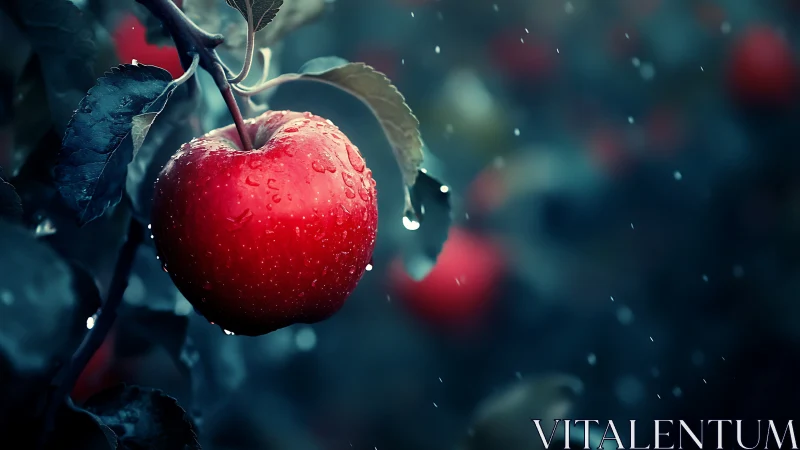 Single red apple glows in moody rain-soaked orchard twilight