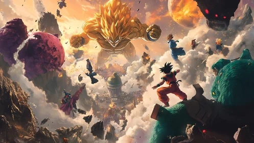 Golden warrior dominates explosive celestial battle scene