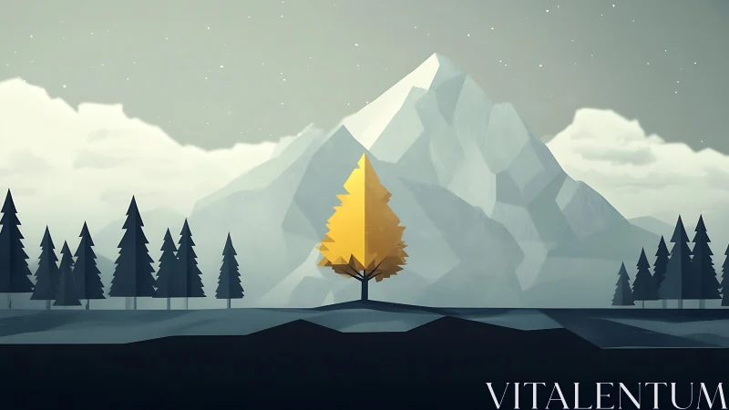 Solitary golden tree beneath stylized geometric mountains.