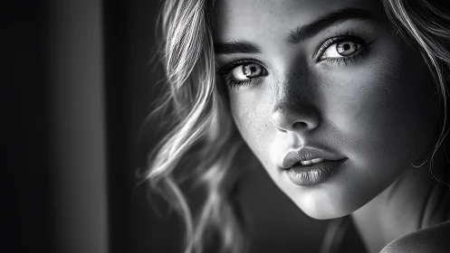 Gaze in grayscale, hyperreal portrait of freckled woman.