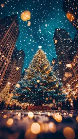 Snowfall over illuminated urban Christmas tree at night