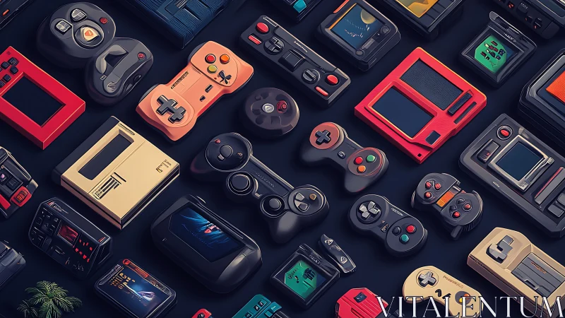 Isometric array of retro game controllers and handheld consoles