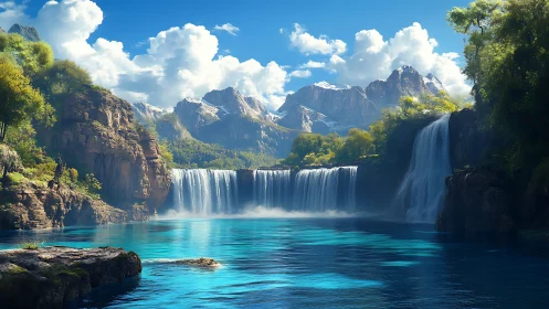 Luminous mountain cascade pouring into tranquil azure lagoon.