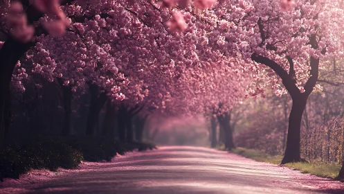 Blossom tunnel of dawnlit cherry trees and drifting petals.