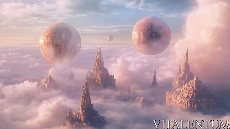 Surreal cloudscape with mirrored spheres and spired monoliths.