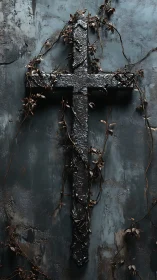 Weathered metal cross with dried vines on textured wall
