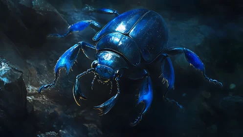 Bioluminescent scarab rendered in high-gloss blue exoskeletal detail