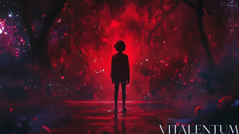 Silhouette child walks into a crimson dreamlit forest portal.