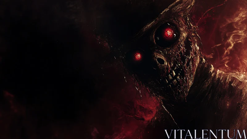 Horror portrait depicts decayed figure with luminous red eyes