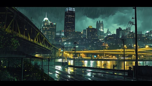 Nocturnal riverside cityscape rendered in high-contrast rain lighting