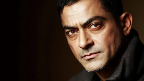 Intense middle-aged man gazes forward in dramatic light.