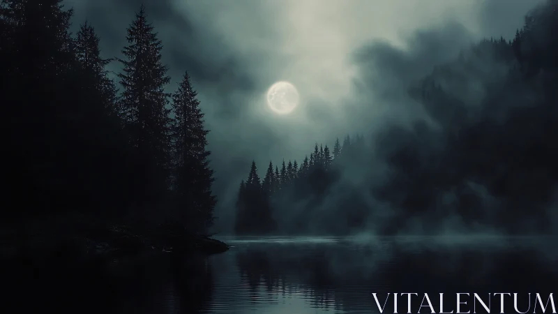 Moonlit mist haunts a silent forest lake beneath pale skies.