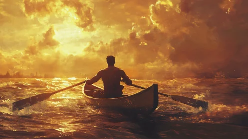 Sunstruck rower carves molten paths through the restless sea