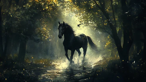 Wild black horse strides through a misty enchanted forest