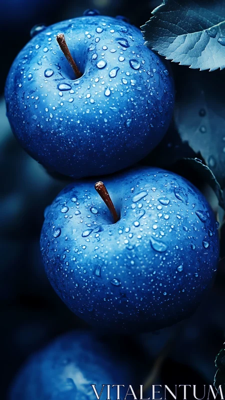 Blue apples glisten with dewdrops in dramatic close-up.