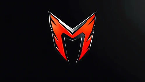 Angular red metallic M emblem on deep black field.