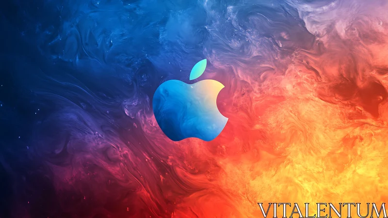 Colorful apple silhouette glows between cool blue and warm fire