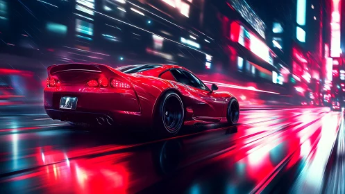 Red sports coupe moves through neon city street at speed
