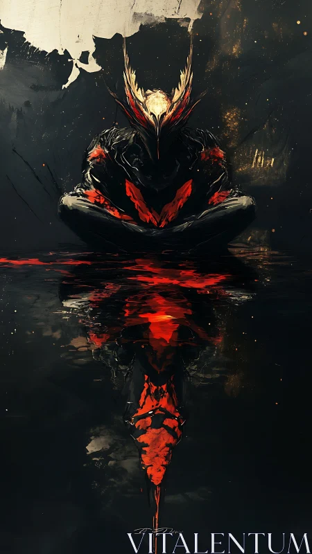 Symmetric infernal avatar in reflective sanguine stillness.