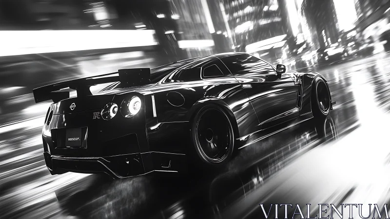 Midnight sports car storms through a neon city street