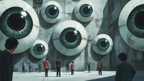 Monolithic surveillance courtyard with colossal mechanical eyes