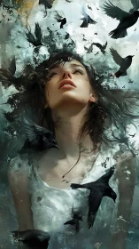 Young dreamer rising among ravens and swirling sky.