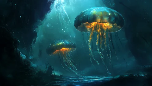 Luminous jellyfish drift through bioluminescent abyssal seascape.