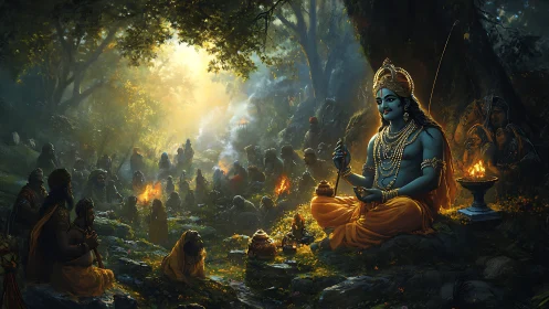 Blue-skinned deity teaching gathered devotees in forest