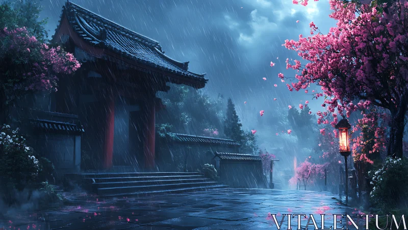 Rainy temple street with cherry blossoms and lanterns at dusk.