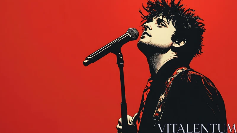 Vector pop art vocalist profile against solid red backdrop