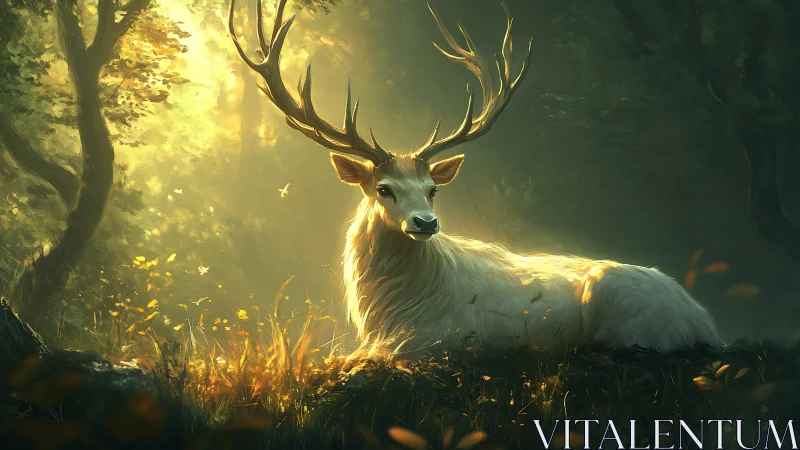 White stag rests in glowing forest clearing at sunrise