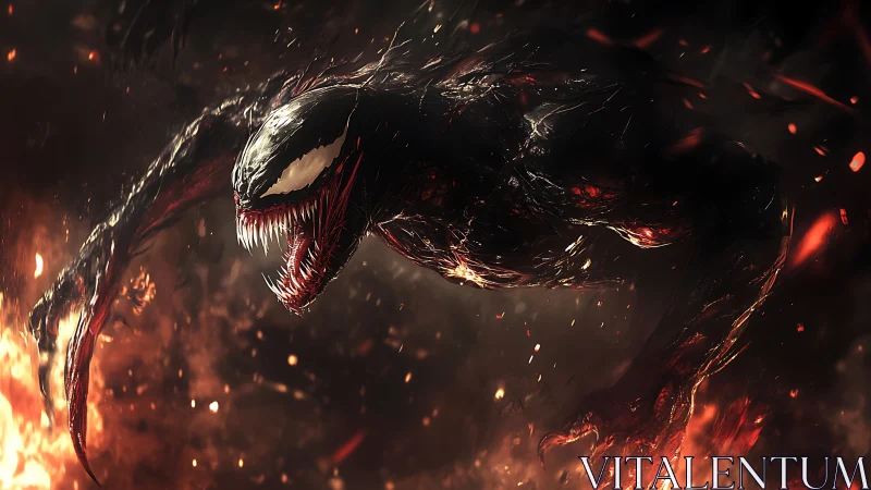 Infernal symbiote lunges through firelit storm of embers.