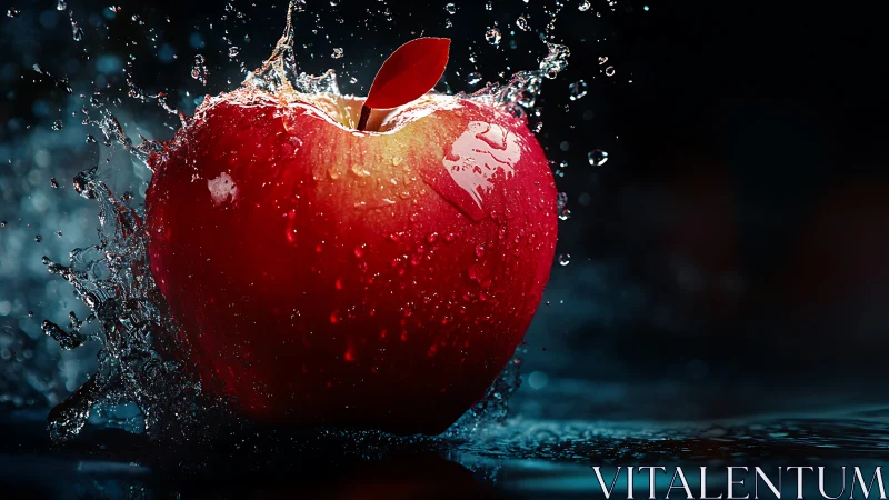 Crimson splash apple crowned in dramatic midnight water.