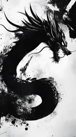 Ink dragon silhouette coils through dense black splatter