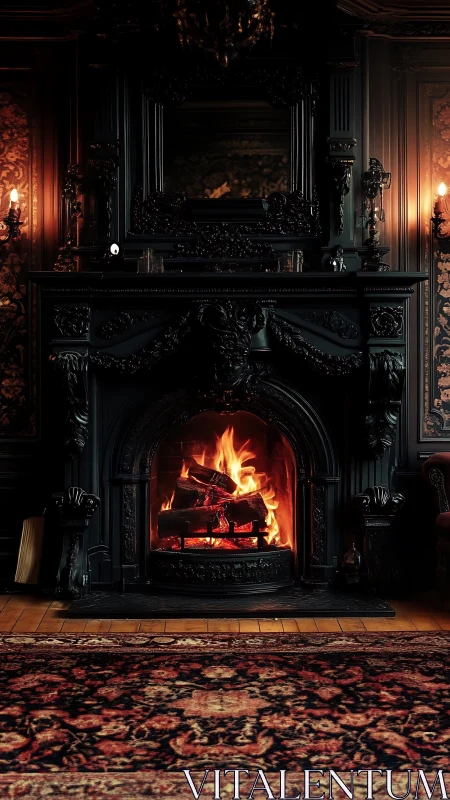 Ornate fireplace with active fire burning in black cast iron insert