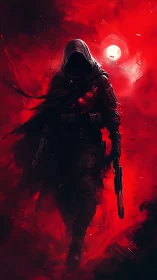 Hooded gunfighter advances through crimson nebular haze