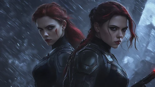 Stormlit twin warriors prowl the rain-slashed city night.