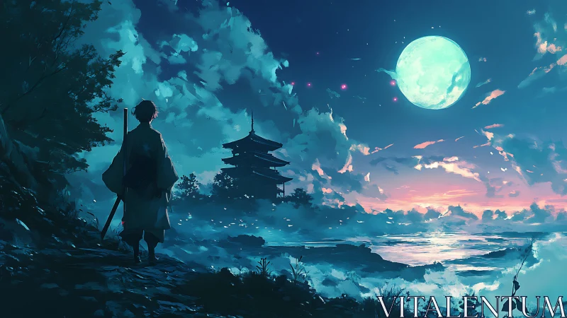 Lunar-illuminated samurai coast with silhouetted pagoda vista.