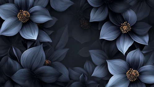 Ornate Blue Flowers with Golden Centers on Dark Background.