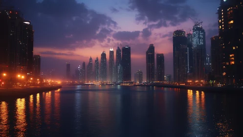 Parametric waterfront skyline under chromatic dusk gradient.