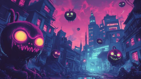 Neon pumpkin monsters haunting a decayed cyberpunk cityscape.