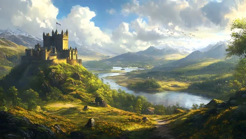 Sunlit hilltop castle overlooks a vast river valley landscape.