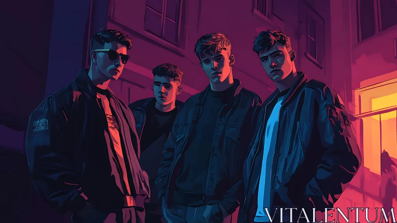 Neon alley quartet in stylized digital night portraiture.