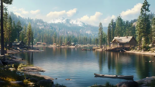 Mountain lake cabins with canoe and evergreen shoreline.