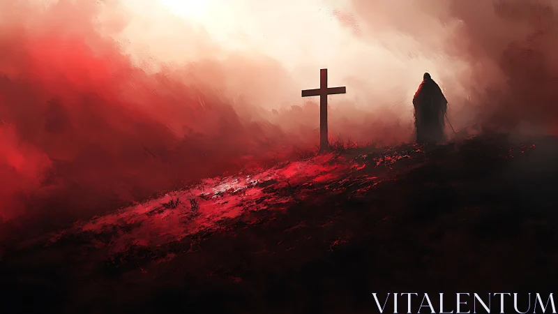 Silhouetted figure and cross contrast against blood-red storm sky