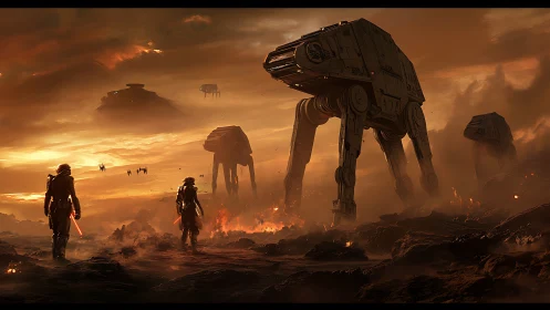 Colossal war walkers advance through a burning alien dusk